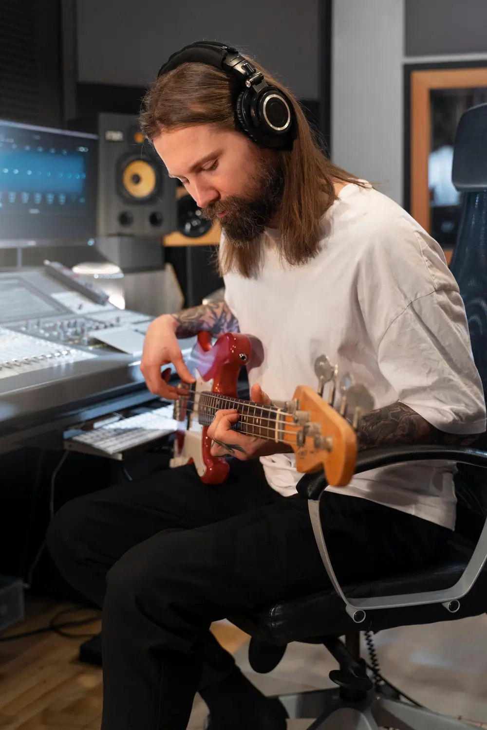 side-view-man-playing-guitar-studio